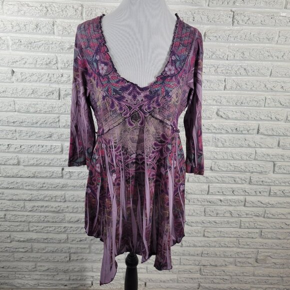Unity Womens Top Extra Large XL Tunic 3/4 Sleeve Cinched Laser Cut GEO191E - Picture 1 of 9